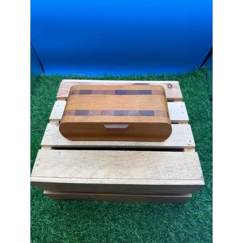 Vintage Handcrafted Inlay Wood Trinket Jewelry Box Curved Multitone - 7.5